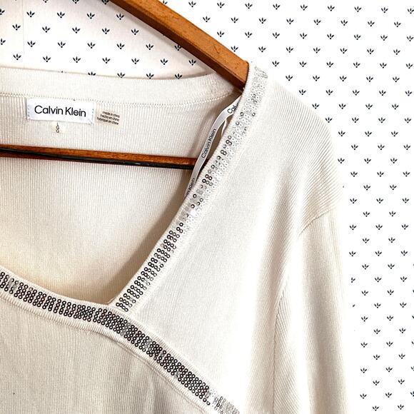Calvin Klein Asymmetric Sequin Sweater L White NWT Academia Minimalist Capsule - Picture 5 of 7